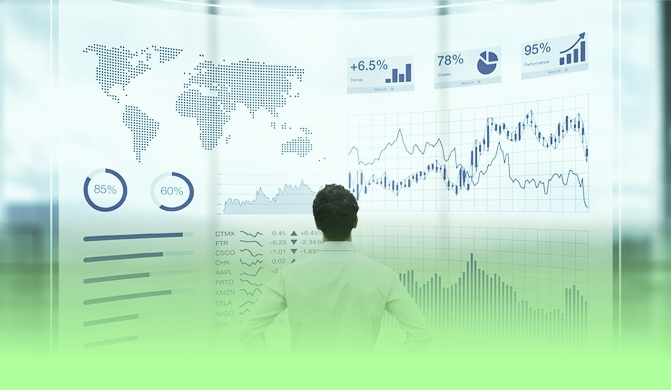 Financial data dashboard with world map and charts