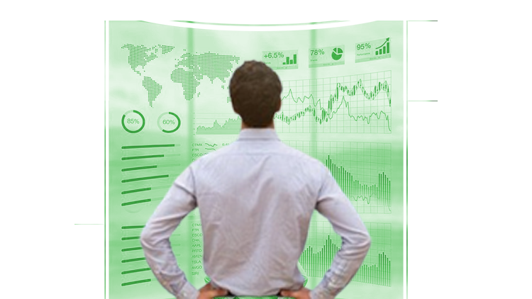 Financial dashboard with charts, graphs and a person looking at data